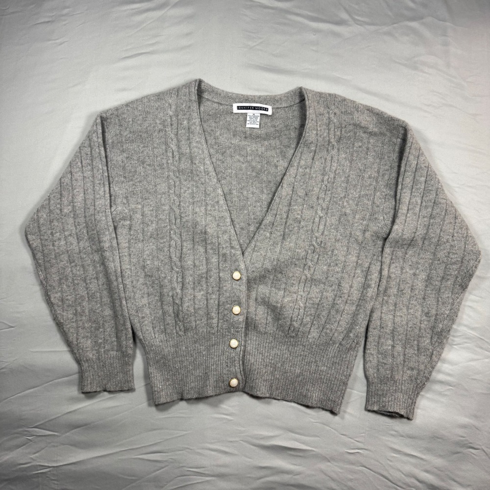 Jennifer Moore Lambswool Angora Cable Knit Cardigan Sweater Womens M Gray Luxury